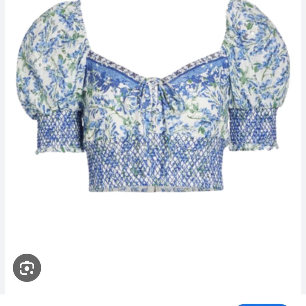Alice and Olivia Crawford cropped smocked printed top